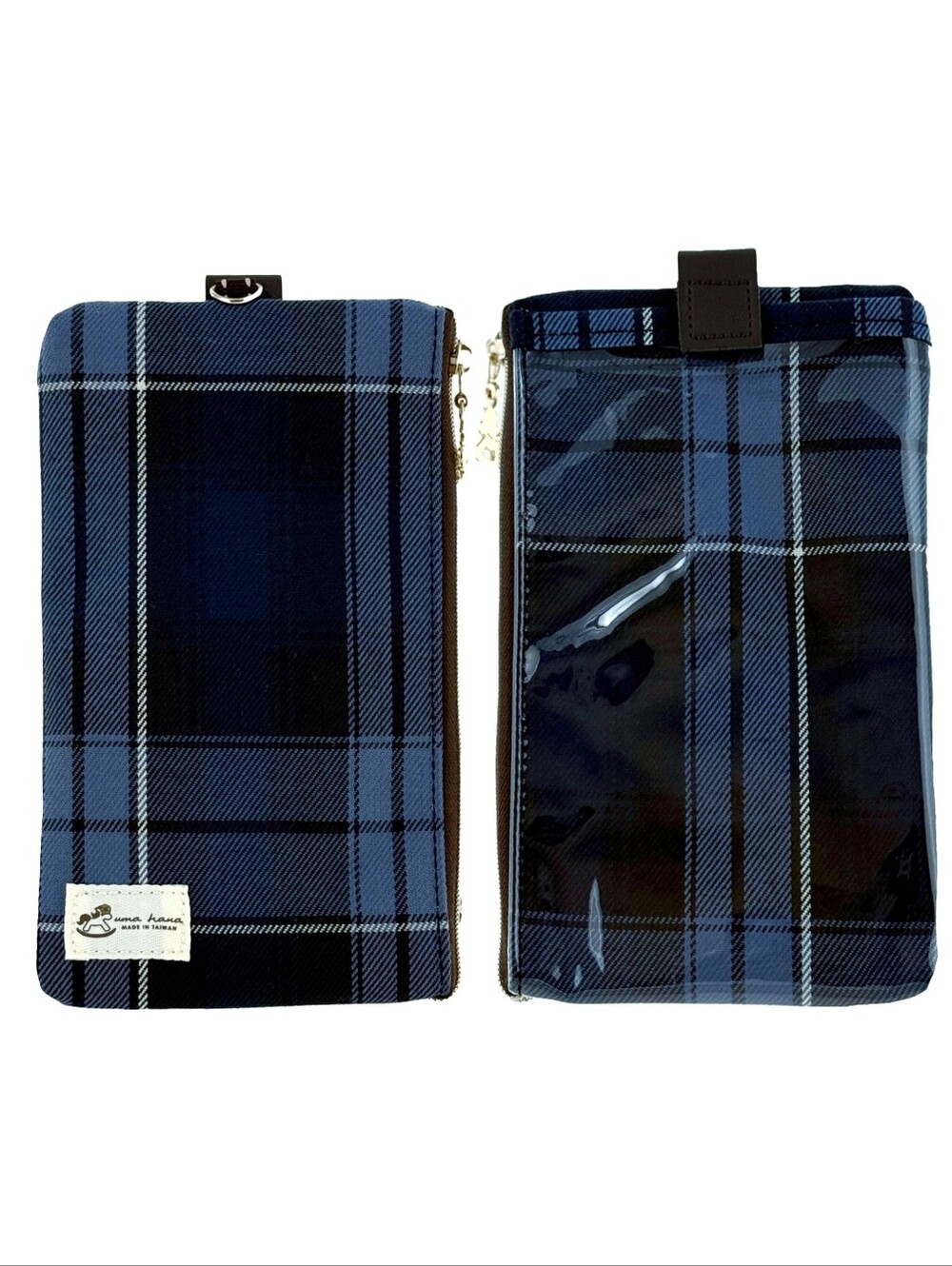 Waterproof Blue Plaid Phone Case Pouch W/ Neck Strap